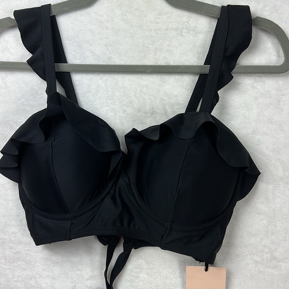 Unique Vintage Black Padded Southampton Ruffle Long Line Corset Swim Bikini Top - Picture 3 of 15